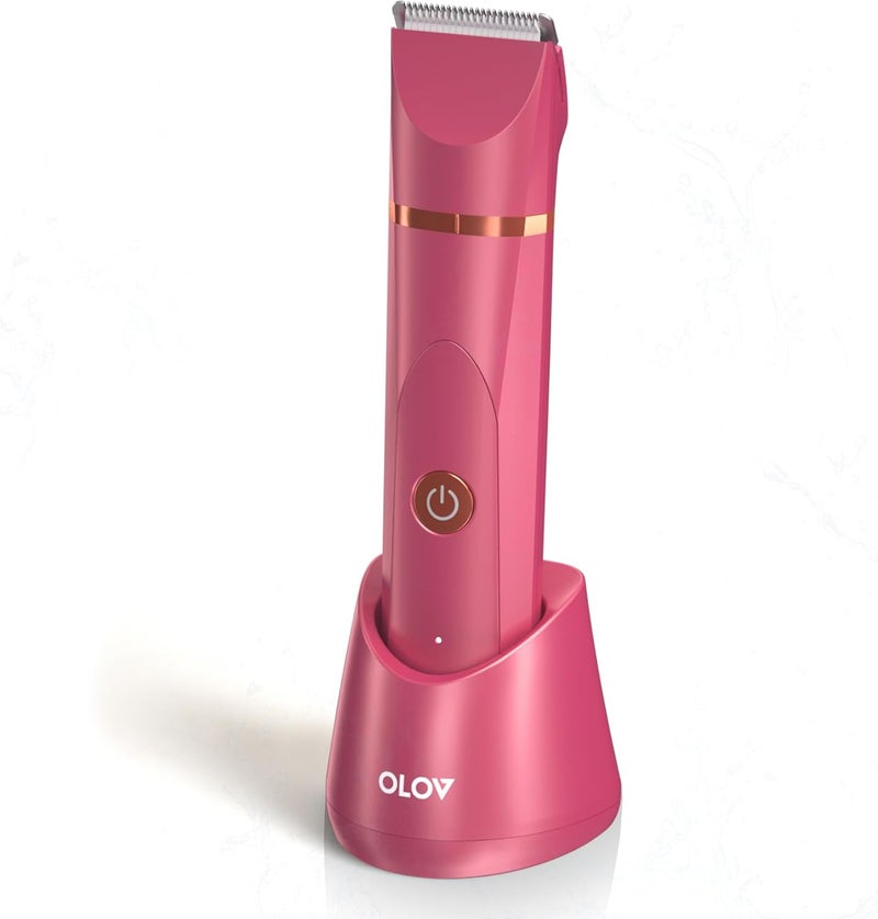 OLOV Electric Body Hair Trimmer - Groin Trimmer for Men - Bikini Trimmer Women - Wet/Dry Shaver Groomer, Replaceable Ceramic Blade Heads, USB Recharge Dock, Waterproof Hygiene Razor, Red - Image 1